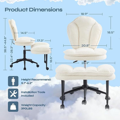 Pinmoco Ergonomic Cross Legged Office Chair for ADHD, Kneeling Chair with 360° Swivel Wheels and Reversible Seating for Meditation, Adjustable Height and Seat Deapth, Teddy Fabric, White