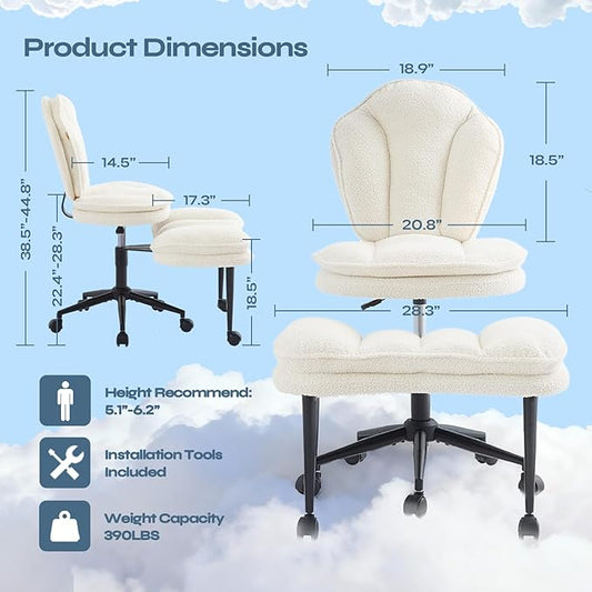 Pinmoco Ergonomic Cross Legged Office Chair for ADHD, Kneeling Chair with 360° Swivel Wheels and Reversible Seating for Meditation, Adjustable Height and Seat Deapth, Teddy Fabric, White