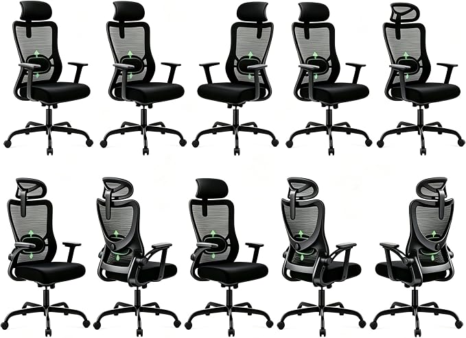 Marsail Ergonomic Office Chair with 3D Armrests, Pack of 10 | Office Desk Chair with High Back Mesh, Adjustable Lumbar Support, Rolling Work Swivel Task Chairs with Wheel, Headrest, home
