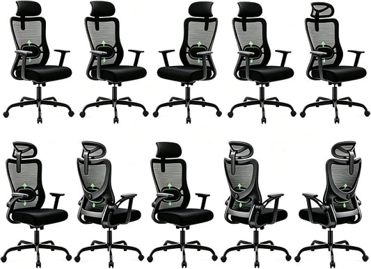 Marsail Ergonomic Office Chair with 3D Armrests, Pack of 10 | Office Desk Chair with High Back Mesh, Adjustable Lumbar Support, Rolling Work Swivel Task Chairs with Wheel, Headrest, home