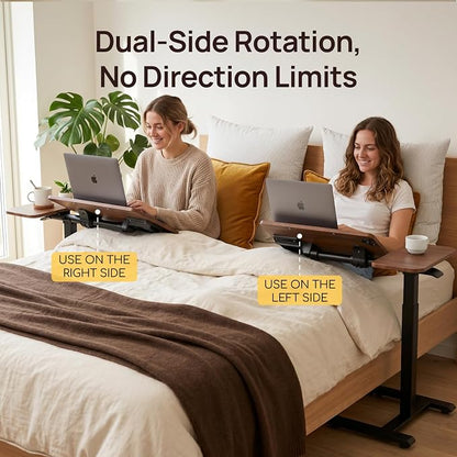 Overbed Table with Wheels, Height Adjustable Hospital Bed Table, Dual-Tiltable Rolling Laptop Desk for Bed, Hidden Casters H-Base Portable Side Table for Couch, Hospital & Home Office