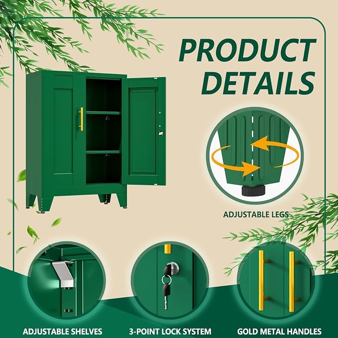 winiowa Tall Metal Storage Cabinet with Lock, Locking File Cabinet with 2 Doors and 2 Adjustable Shelves, Green Lockable Organizer for Home Office Garage（23.6" W）