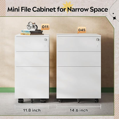 DEVAISE 3 Drawer Vertical File Cabinet with Lock, Under Desk Mobile Metal Filing Cabinet for Home Office Fit Legal/Letter/A4 File, Fully Assembled Except Wheels, White