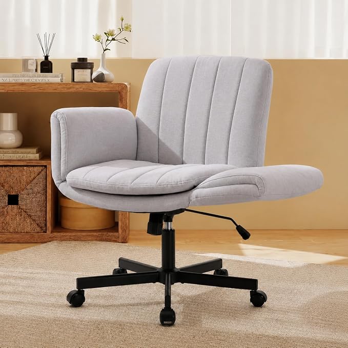 Criss Cross Office Chair with Wheels and Arms, Vanity Chair with Back, Comfy Swivel Cross Legged Office Chairs for Ultimate Comfort and Support, Unique Multifunctional Stylish Arms (Fabric Gray)