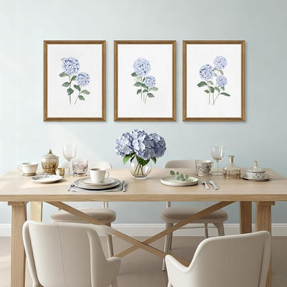 WRFON Blue Hydrangea Framed Wall Art Set of 3, Watercolor Floral Botanical Canvas Prints, Minimalist Flower Wall Decor for Dining Room Living Room Bedroom, Wood Frame 12x16 Inch