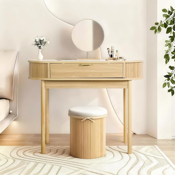 Fluted Small Computer Desk with Drawer, 40 Inch Mid-Century Modern Writing Desk with Solid Wood Legs,Compact Study Table for Small Spaces, Home Office, Bedroom,Natural