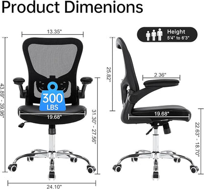 Ergonomic Office Chair Adjustable PU Leather Computer Chair with Lumbar Support,Flip-Up Arms, Breathable Mesh Back, Swivel Rolling Executive Desk Chair for Home Office, Black