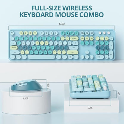 Wireless Keyboard and Mouse Set, Retro Typewriter Keyboard, 2.4GHz Full Size 104-Key Cute Keyboard with Number Pad, Colorful Keyboard with Round Keycaps for Windows PC Laptop(Colorful Blue)