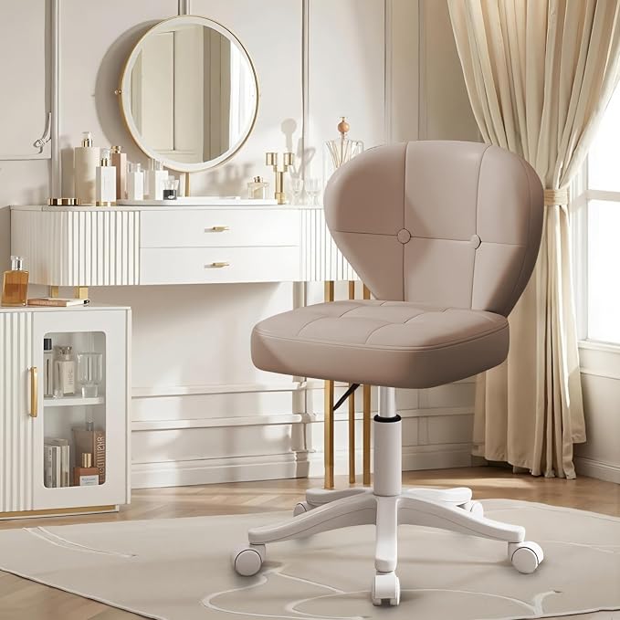 Small Office Chair with Lumbar Support, PU Leather Armless Swivel Desk Chair Adjustable Height, Compact Rolling Chair for Home Office, Bedroom, Study （Khaki Set of 2）