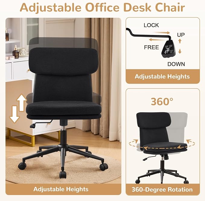 Furniliving Armless Office Chair, Upholstered Chenille Desk Chair with Wheels, Adjustable Swivel Computer Vanity Chair with Double-Layer Cushion, Black
