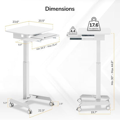 Mount-It! Height Adjustable Rolling Laptop Desk with Keyboard Tray, Mobile Sit-Stand Computer Cart with Wheels, Small Standing Desk for Home, Office, or Classroom, 23.6" x 20.5", White