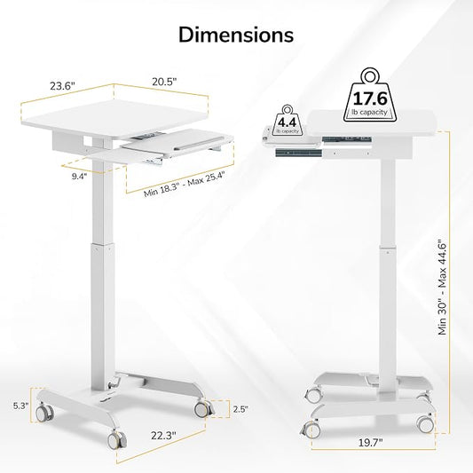 Mount-It! Height Adjustable Rolling Laptop Desk with Keyboard Tray, Mobile Sit-Stand Computer Cart with Wheels, Small Standing Desk for Home, Office, or Classroom, 23.6" x 20.5", White
