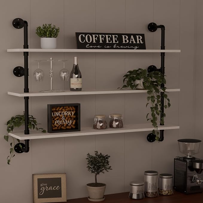 HDDFER Industrial Pipe Shelving Rustic White Pipe Wall Shelves Industrial Shelves with Wood Planks Floating Shelves 48 Inch Farmhouse Bathroom,Kitchen Shelving Wall Mounted