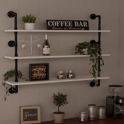 HDDFER Industrial Pipe Shelving Rustic White Pipe Wall Shelves Industrial Shelves with Wood Planks Floating Shelves 48 Inch Farmhouse Bathroom,Kitchen Shelving Wall Mounted