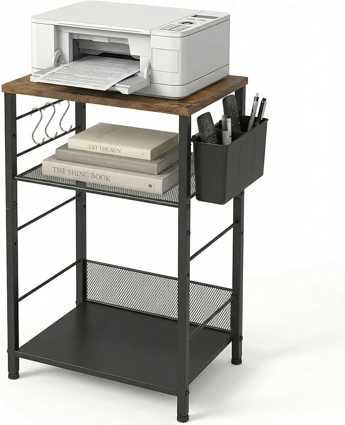 ECOLOVI 3 Tier Printer Stand for Under Desk, Height Adjustable Shelf Small Printer Table with 3 S-Hooks & Basket, Heavy Duty Industrial Storage Shelf for Home Office (Rustic Brown)