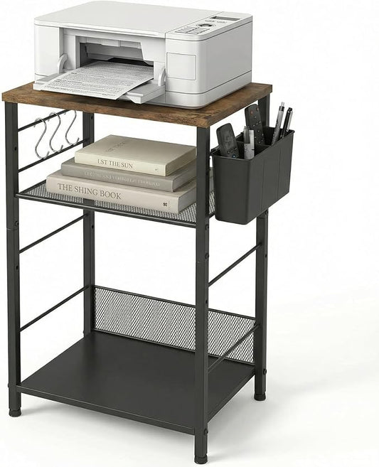 ECOLOVI 3 Tier Printer Stand for Under Desk, Height Adjustable Shelf Small Printer Table with 3 S-Hooks & Basket, Heavy Duty Industrial Storage Shelf for Home Office (Rustic Brown)