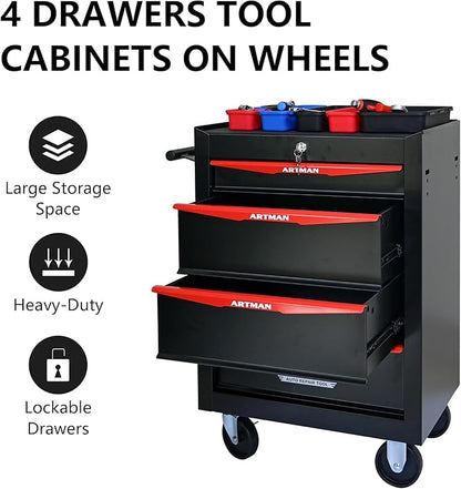 RYH 4/5/6/7 Drawers Rolling Tool Chest - Heavy Duty Mobile Tool Cart with Locking Wheels & Ball Bearing Drawers, 30.5" H x 20.9" W x13 D Garage Tool Storage Cabinet，Metal Tool Box (Black, 4 Drawers)