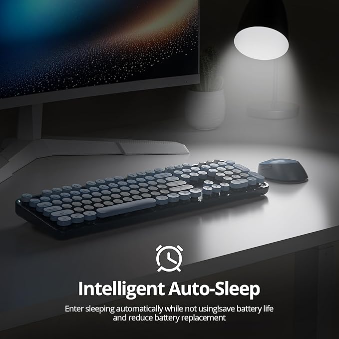 Guffercty kred Colorful Blue Wireless Keyboard and Mouse Combo, Retro Typewriter Wireless Full-Size Cute Office Keyboard 2.4GHz with Round Keycaps for Desktop Laptop and PC (Ocean Blue)