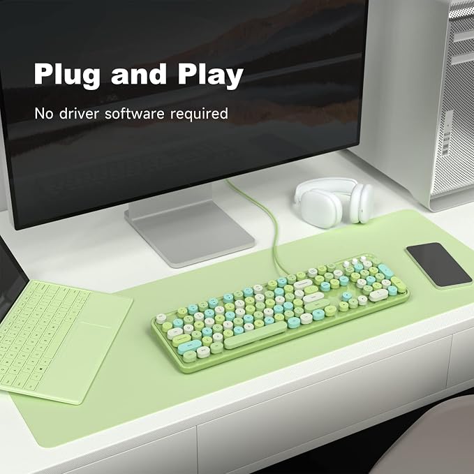 MOWUX Computer Keyboard Wired, Plug and Play USB Retro Round Typewriter Keyboard, Full Size Wired Keyboard with Foldable Stands for Laptop and Office PC- Green Colorful