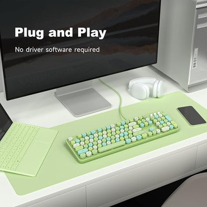 MOWUX Computer Keyboard Wired, Plug and Play USB Retro Round Typewriter Keyboard, Full Size Wired Keyboard with Foldable Stands for Laptop and Office PC- Green Colorful