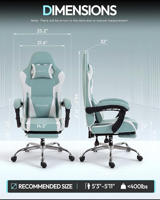 Dowinx Ergonomic Gaming Chair with Footrest & Massage Lumbar, 2D-Linkage Armrests for Computer Chair 330lbs with Headrest Pillow for Office, Home, Streaming and Long Gaming Sessions, Fabric Blue White
