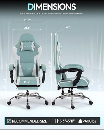 Dowinx Ergonomic Gaming Chair with Footrest & Massage Lumbar, 2D-Linkage Armrests for Computer Chair 330lbs with Headrest Pillow for Office, Home, Streaming and Long Gaming Sessions, Fabric Blue White