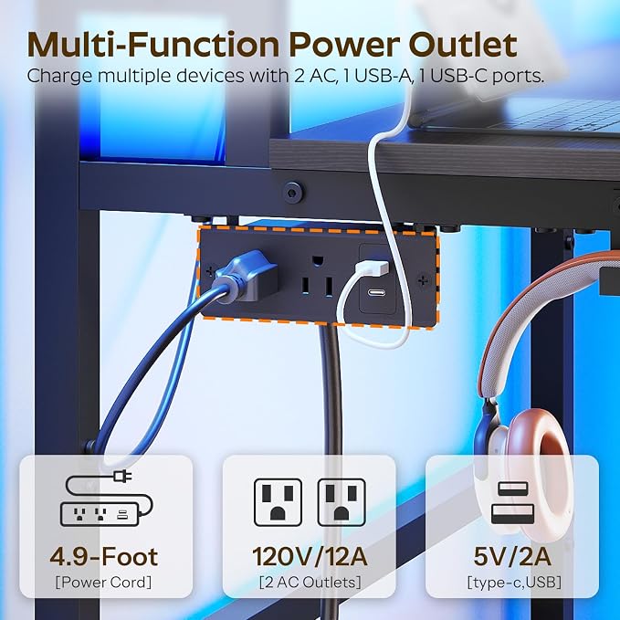 YATINEY Small Computer Desk with Charging Station and LED Lights, Gaming Desk with Monitor Stand, 2-Tier Home Office Desk with 4 Side Hooks, for Living Room, Home Office, Black DN01UDBBY2