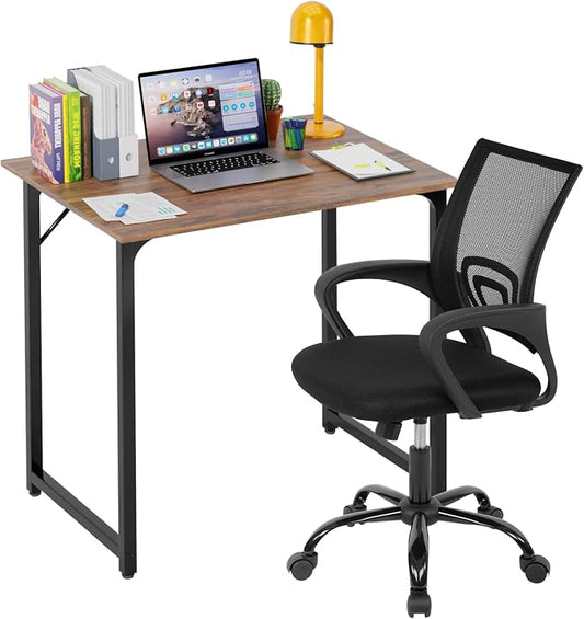 PayLessHere 32 Inch Home Office Desk and Chair Set,32 Inch Computer Desk with Ergonomic Height Adjustable Office Chair for Home Office (Vintage and Black)