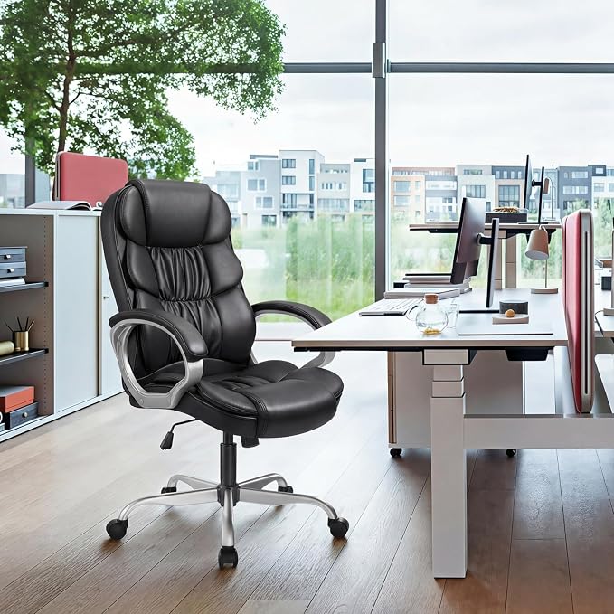 GUNJI Office Chair PU Leather High Back Executive Chair Ergonomic Computer Chair, Modern Adjustable Home Desk Chair Swivel Managerial Chair with Padded Armrests and Lumbar Support (Black)