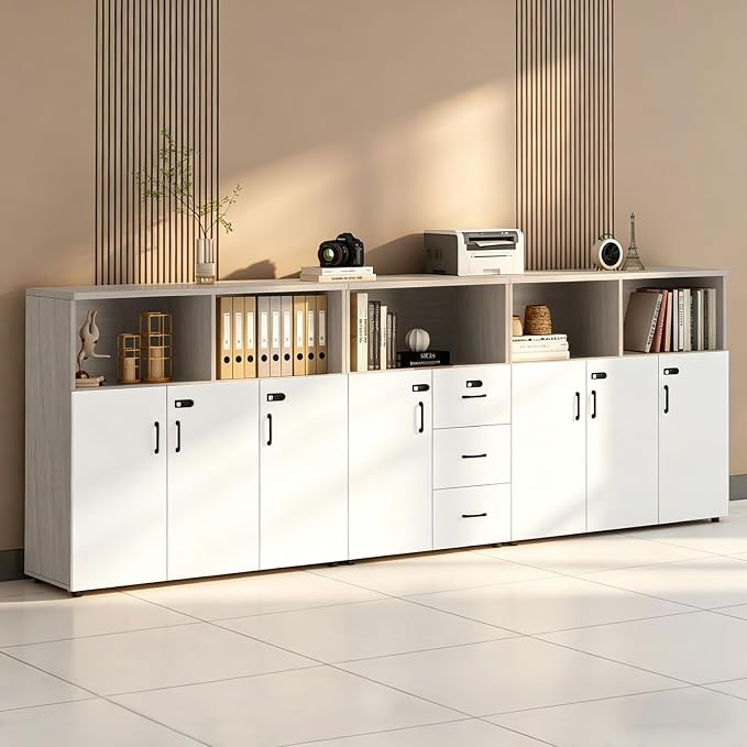File Cabinet with Password Lock, Wood Lateral Filing Cabinet for Letter/A4 Files, 3 Drawer with Door, Printer Stand with Open Shelves for Home Office