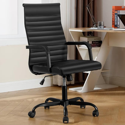 Office Chair, Ergonomic Executive Conference Room Chairs, Ribbed Leather Desk Chair with Lumbar Support, Adjustable Height Mid-Back Swivel Chair with Padded Seat and Square Tube Armrests