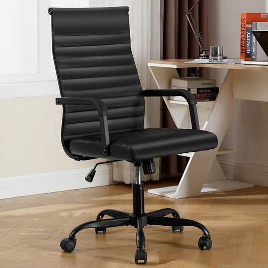 Office Chair, Ergonomic Executive Conference Room Chairs, Ribbed Leather Desk Chair with Lumbar Support, Adjustable Height Mid-Back Swivel Chair with Padded Seat and Square Tube Armrests