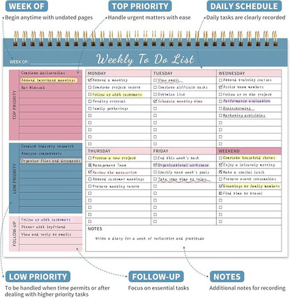 104 Pgs Weekly To Do List Notepad, 52 Duplex-Printed Undated Sheets 100 GSM（8.5"×11") Weekly Desk Planner For Work Home School Office Desk Accessories Supplies & Goal Setting Tasks - Blue