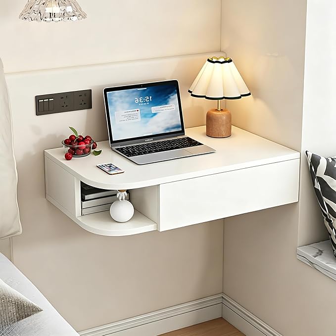Corner Floating Desk with Drawer, Wall Mounted Desk with Open Shelving, Floating Makeup Vanity with Storage, Scratch-Resistant, Space Saving, for Bedroom Living Room Small Spaces Apartment