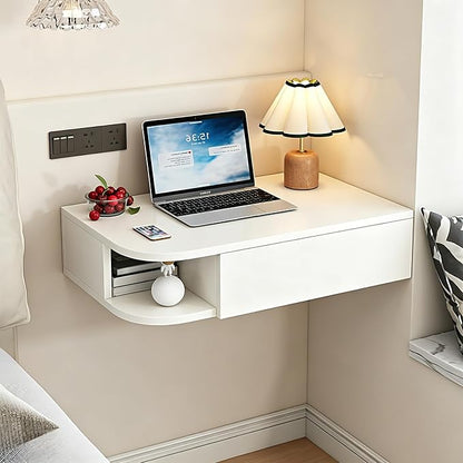 Corner Floating Desk with Drawer, Wall Mounted Desk with Open Shelving, Floating Makeup Vanity with Storage, Scratch-Resistant, Space Saving, for Bedroom Living Room Small Spaces Apartment