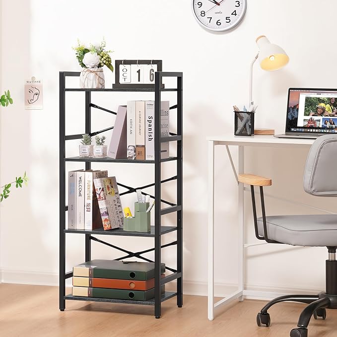 Yoobure 4 Tier Bookshelf - Small Book Shelf Industrial Bookcase, Narrow Book Case Book Storage Organizer for CD/Movie/Book, Bookshelves for Bedroom Office Living Room Charcoal Gray