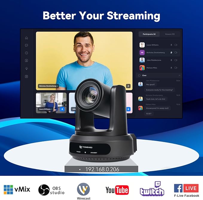 TONGVEO AI Auto-Tracking PTZ Camera: 20X Optical Zoom 1080P 60fps HDMI SDI USB PoE Video Camera for Church Worship Live Streaming, Conference Room Webcam for OBS