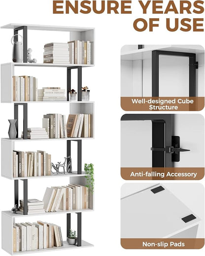 Gadroad 6 Tier Geometric Bookcase,S Shaped Bookshelf, Wood Decorative Storage Shelving, Modern Freestanding Display Shelves, Tall Book Shelf Unit for Living Room Bedroom, White