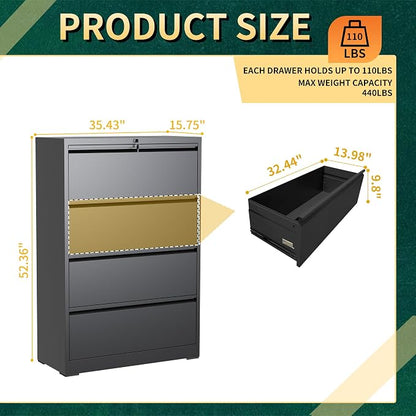 4 Drawer Lateral File Cabinet with Lock, Black Metal File Cabinets for Home Office, Steel Heavy-Duty Filing Storage Cabinet for Letters/Legal/A4, Require Assembly