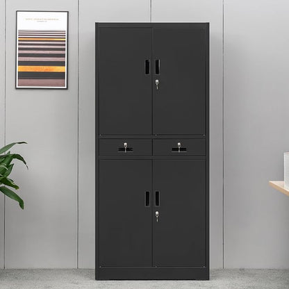 CMY Metal Storage Cabinet, 71" H x 32" W x 16" D Locking Storage Cabinet with Adjustable Shelves and 2 Drawers, Steel Cabinets for Office, Garage, Home, School, Utility Room(Black)