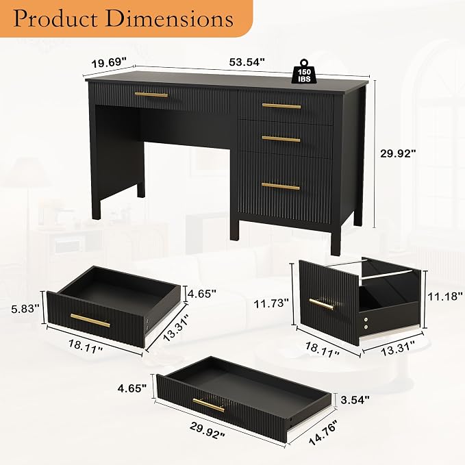 Black Executive Desk with Drawers: 54" Wood Computer Desk with File Drawer, Modern Home Office Desks with Storage, Fluted Writing Desks for Working, Studying (Black, 54")
