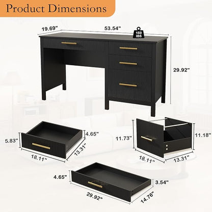 Black Executive Desk with Drawers: 54" Wood Computer Desk with File Drawer, Modern Home Office Desks with Storage, Fluted Writing Desks for Working, Studying (Black, 54")