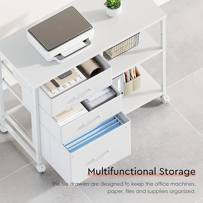 Maihail 3 Drawer File Cabinet with Wheels Rolling Printer Stand with Open Storage Shelf Fabric Lateral Filing Cabinet for Home Office,White