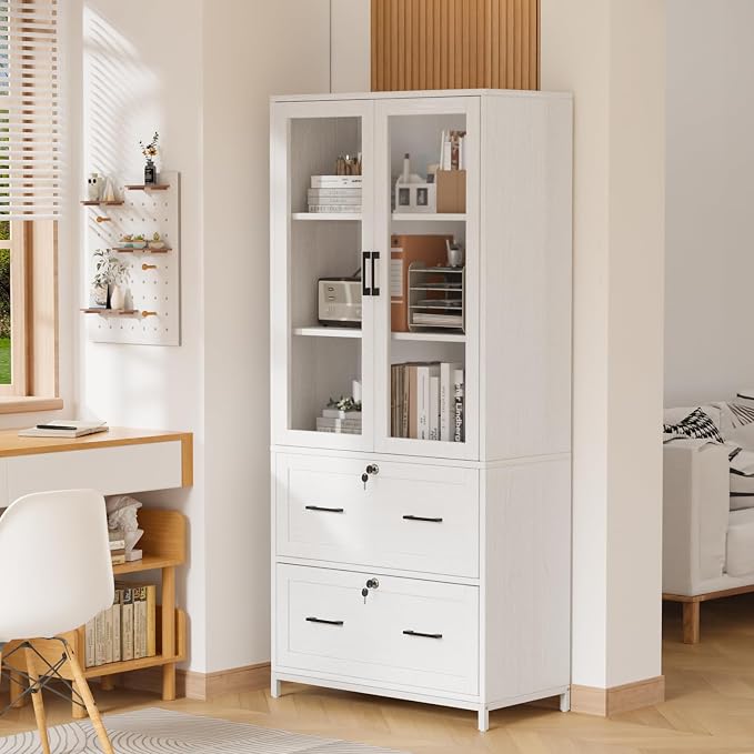 VINGLI Lateral File Cabinet with Glass Doors and 2 Locking Drawers for Hanging File Folders, Bookshelf with Adjustable Shelves for Home Office (White, 30''W x 16''D x 70''H)