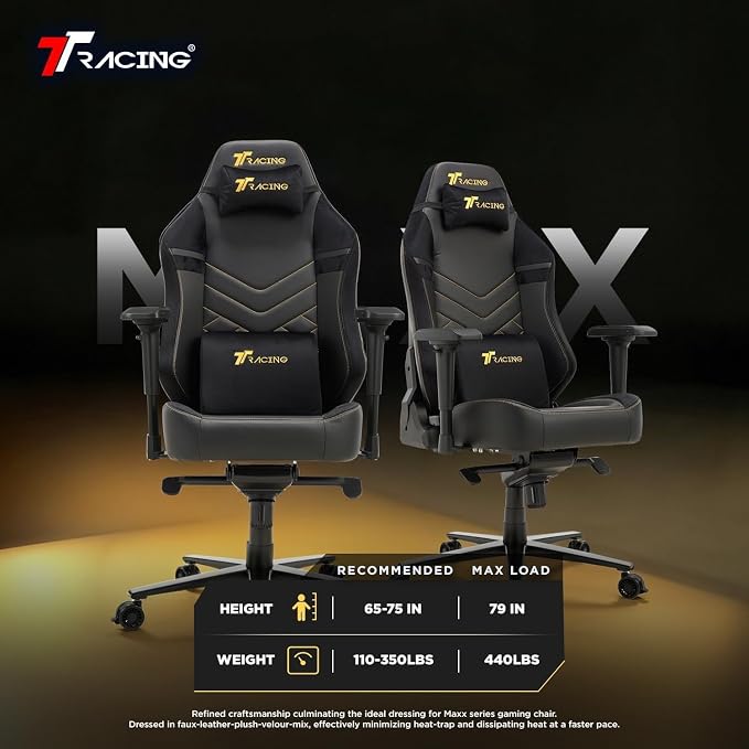 TTRACING Maxx Ergonomic Gaming Chair with 440 lbs Capacity | PU faux leather and velour seat for PC desk setup. Features stable aluminum base, 4D armrests, and 155° recline.