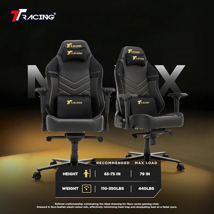 TTRACING Maxx Ergonomic Gaming Chair with 440 lbs Capacity | PU faux leather and velour seat for PC desk setup. Features stable aluminum base, 4D armrests, and 155° recline.