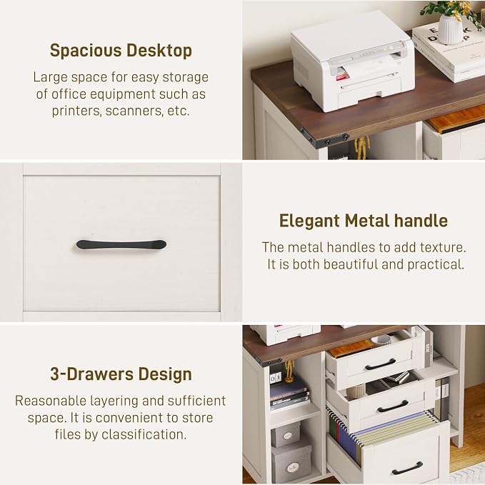 Halitaa 3 Drawer File Cabinet, Farmhouse Lateral Filing Cabinet Fits File Letter or A4 Size, Wooden Printer Stand with Open Storage Adjustable Shelf for Home Office, White