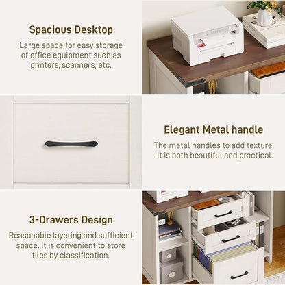Halitaa 3 Drawer File Cabinet, Farmhouse Lateral Filing Cabinet Fits File Letter or A4 Size, Wooden Printer Stand with Open Storage Adjustable Shelf for Home Office, White