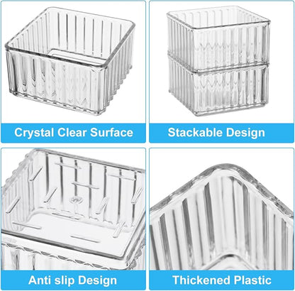 HOTOOLME 14PCS Clear Drawer Organizers Bins, 4 Size Clear Makeup Drawer Organizer, Stackable Vanity Drawer Organiser Trays, Bathroom Drawer Storage for Cosmetics, Office Supply