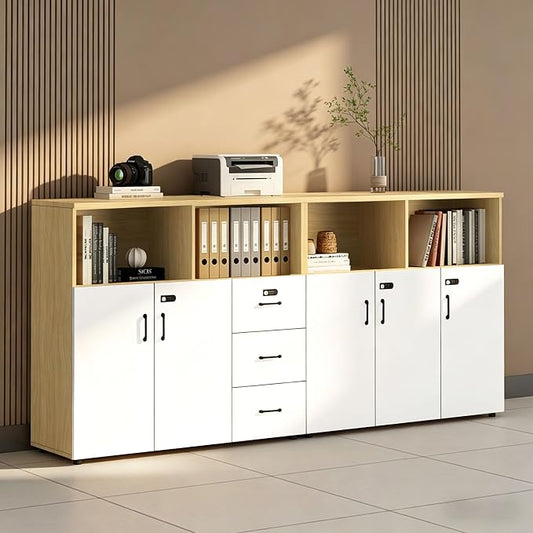 File Cabinet with Password Lock, Wood Lateral Filing Cabinet for Letter/A4 Files, 3 Drawer with Door, Printer Stand with Open Shelves for Home Office